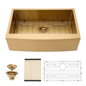 36"x21" Gold Farmhouse Apron Handmade Stainless Steel Kitchen Sink,18 Gauge Apron Front Single Bowl Kitchen Sink with strainer
