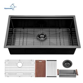 Aqucubic Handmade 304 Stainless Steel Undermount Kitchen Sink with Accessories (Color: Gunmetal Black, Thickness: 18 Gauge)