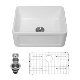 White Undermount Farmhuose Ceramic Kitchen Sink, Deep Apron Single Bowl Farm Sink with Bottom Grid (size: 24"x18")